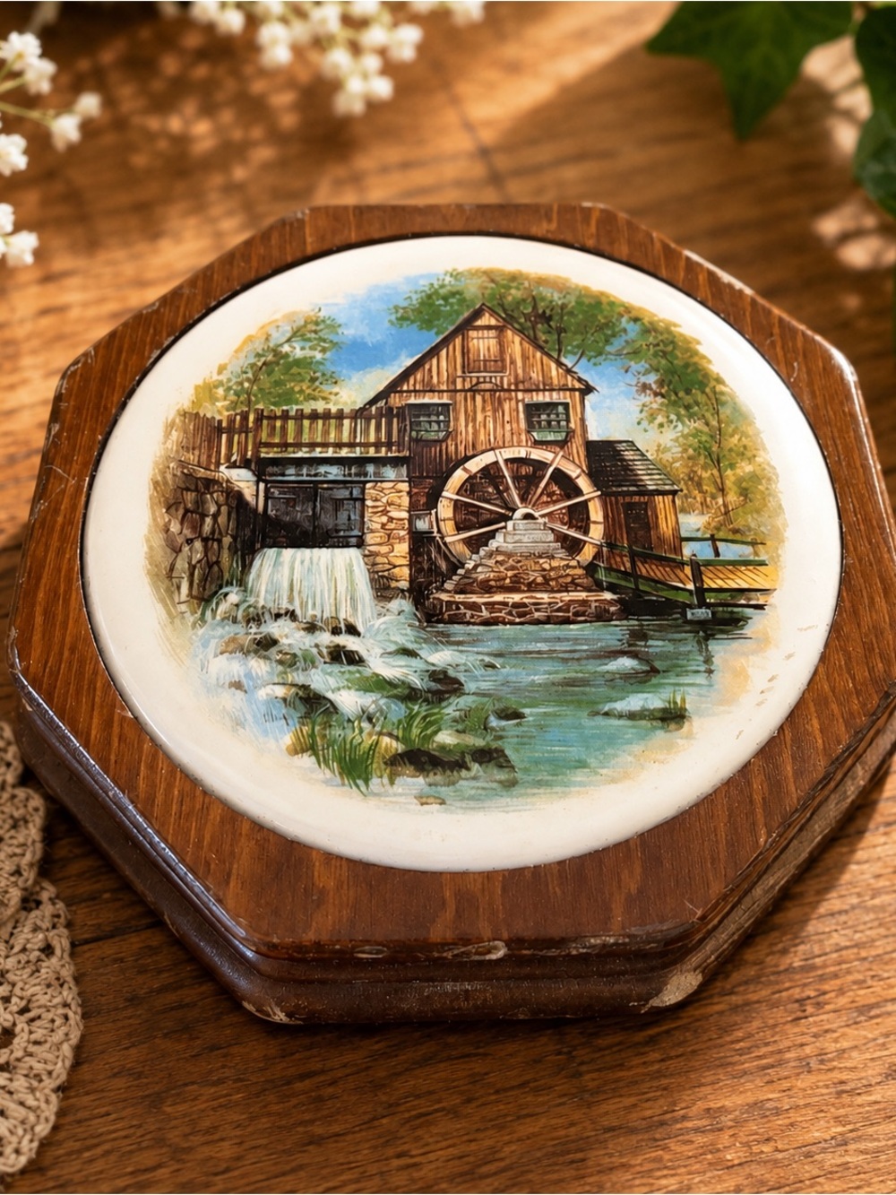 Vintage Wooden Watermill Wall Plaque Ceramic Inlay Rustic Country Decor